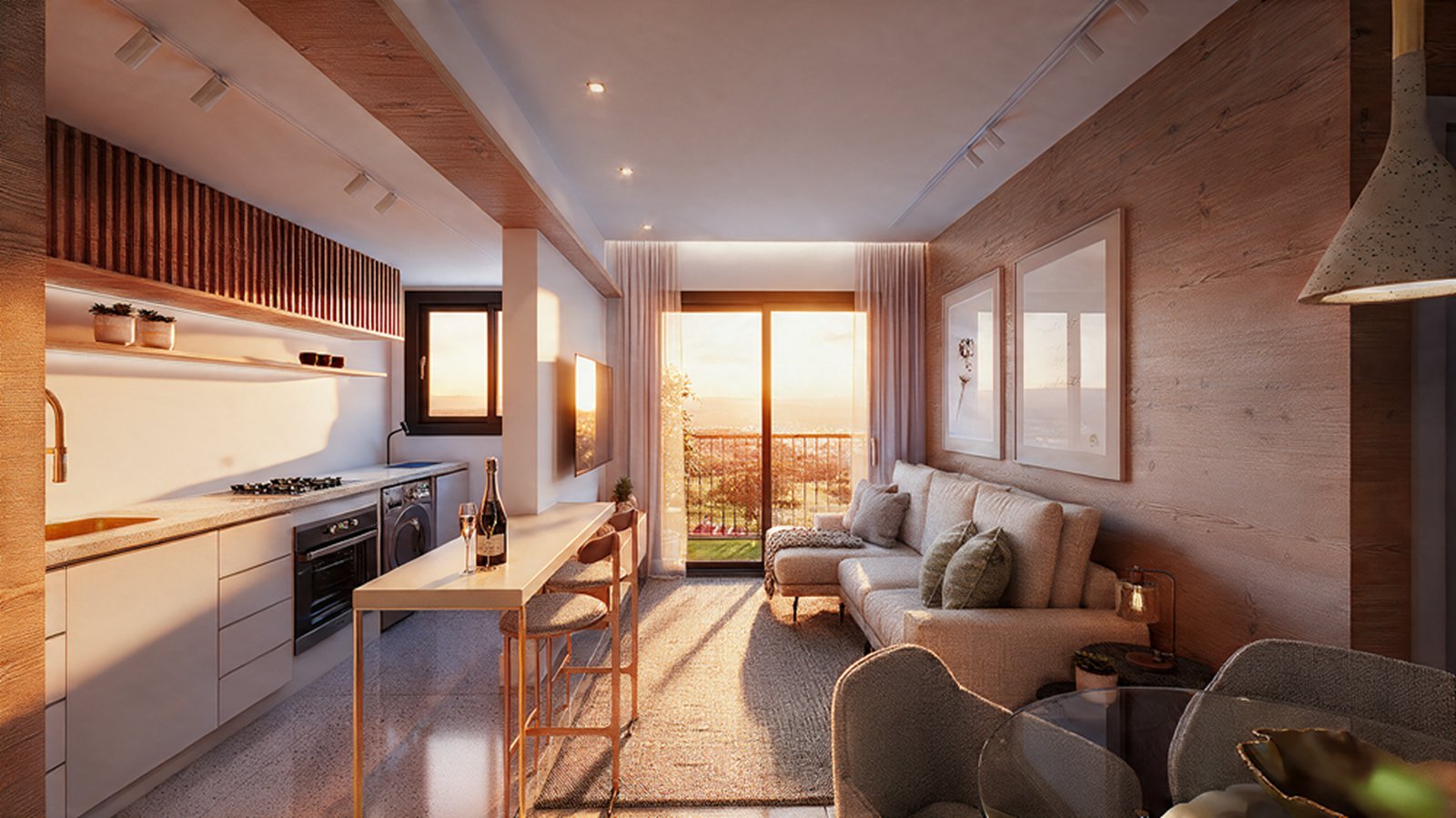 Living de um apartamento do Uni Lumière com a luz do pôr do sol entrando pela sacada (imagem ilustrativa)