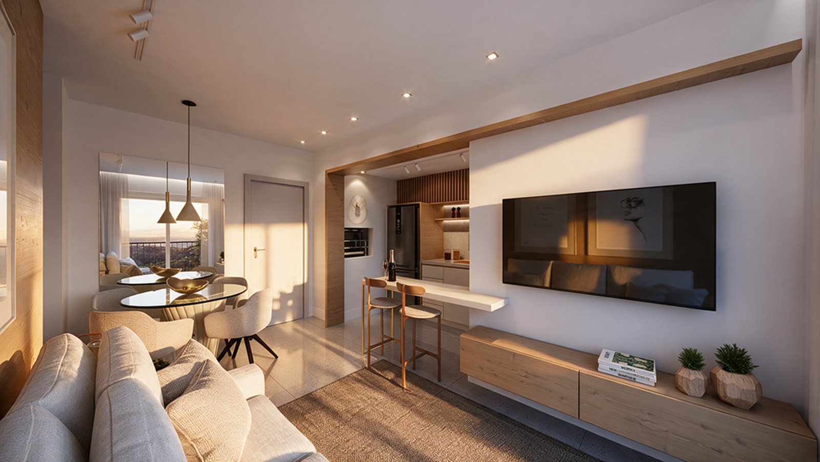 Sala de estar e jantar de um apartamento do Uni Lumière ao entardecer (imagem ilustrativa)