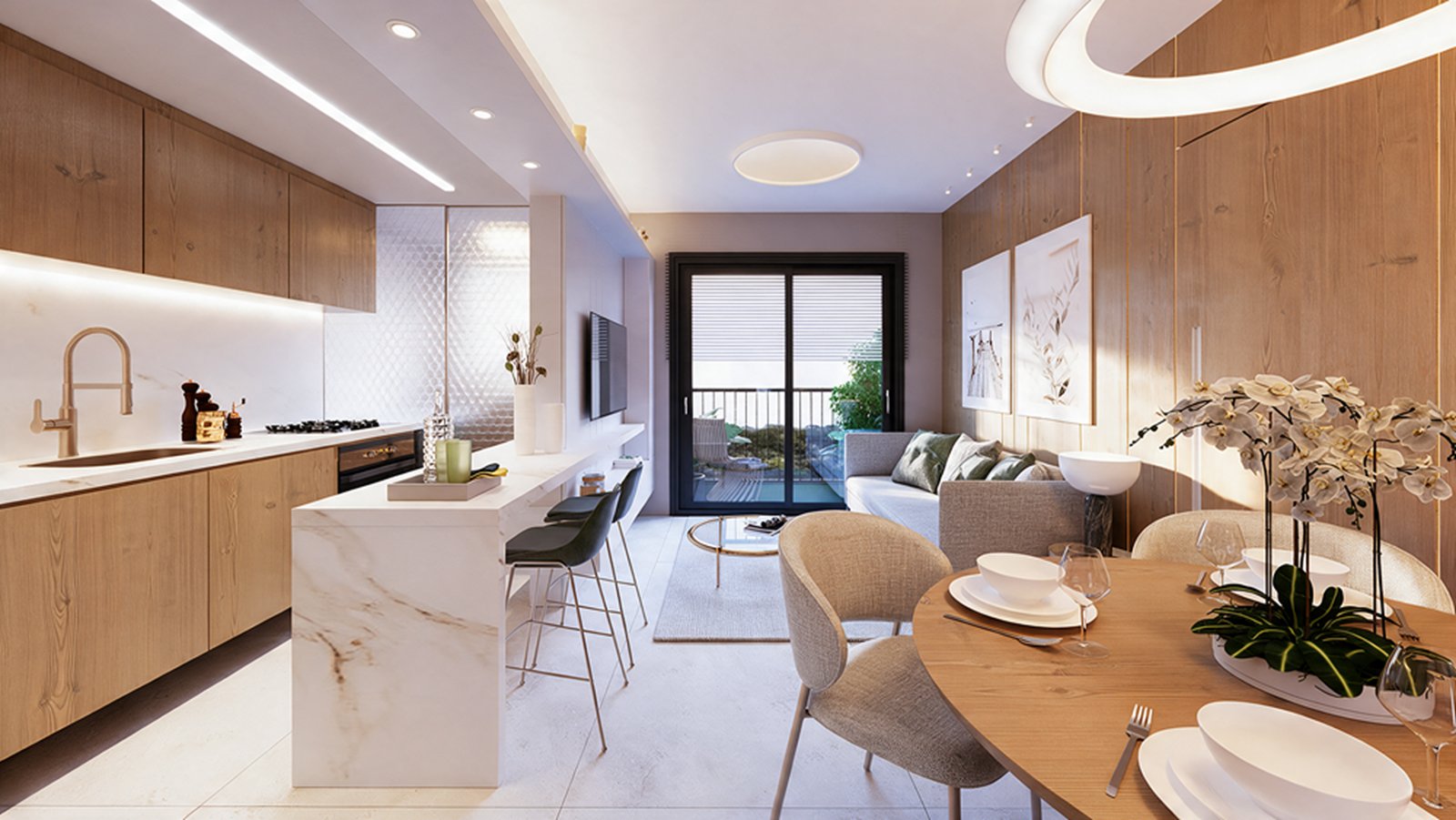 Cozinha e living integrados de um apartamento do Uni Lumière (imagem ilustrativa)